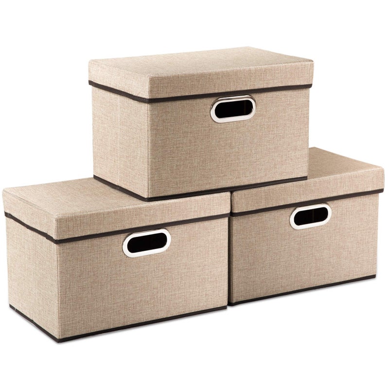 PRANDOM Collapsible Storage Cubes with Lids [3-Pack] Jute Fabric Foldable Storage Boxes Organizer Containers Baskets Bins with Cover for Home Bedroom Closet Office Nursery (14.9x9.8x9.8) - Image 1